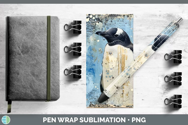Vintage Blue Christmas Penguin Pen Wrap Sublimation Pen Desi