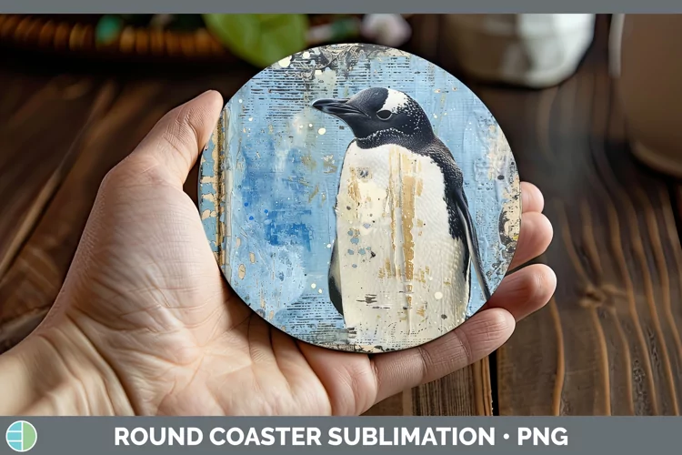 Vintage Blue Christmas Penguin Round Coaster Sublimation Coa