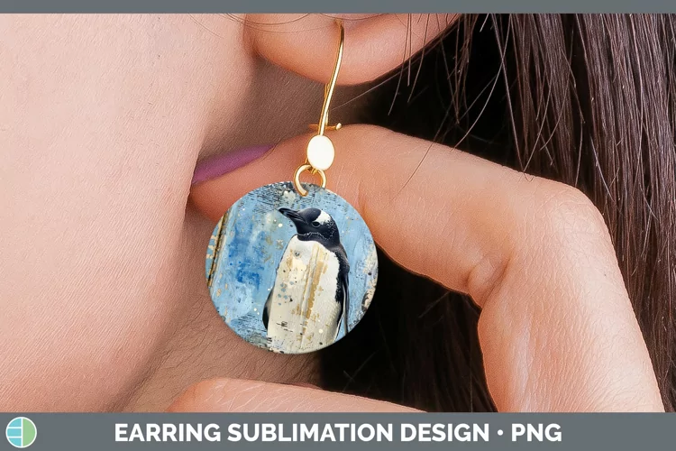 Vintage Blue Christmas Penguin Round Earrings Sublimation Ea