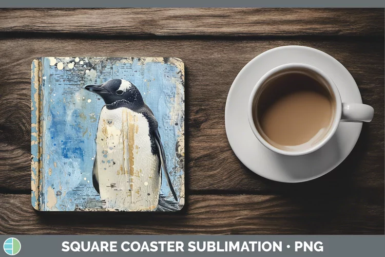Vintage Blue Christmas Penguin Square Coaster Sublimation Co