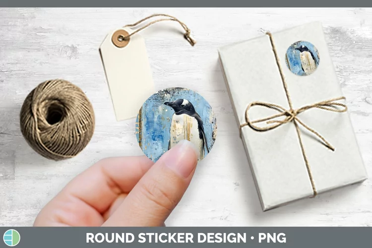 Vintage Blue Christmas Penguin Stickers | Round Labels Desig