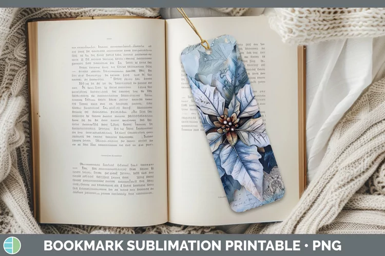 Vintage Blue Christmas Poinsettia Bookmark Sublimation Print
