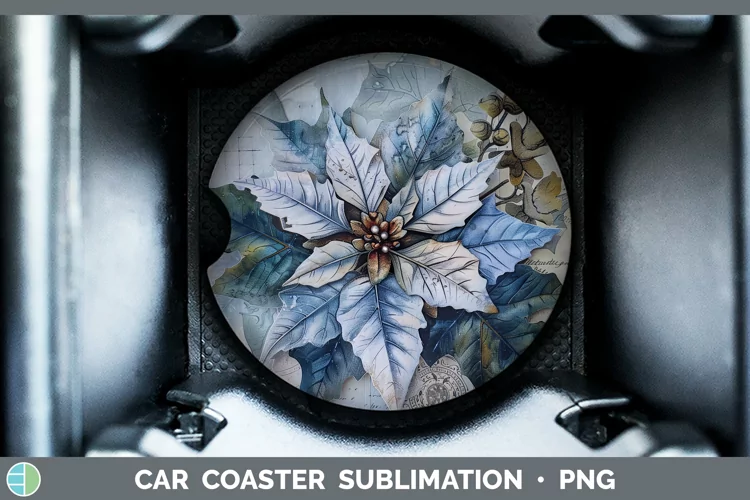 Vintage Blue Christmas Poinsettia Car Coaster Sublimation D
