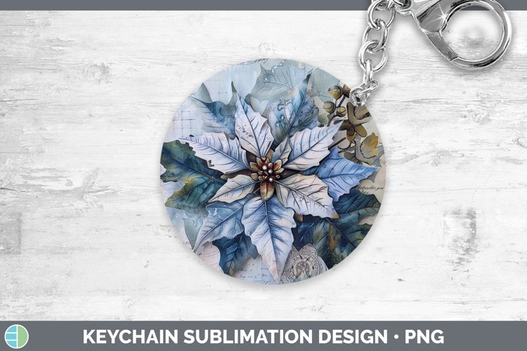 Vintage Blue Christmas Poinsettia Keychain Sublimation Keyri