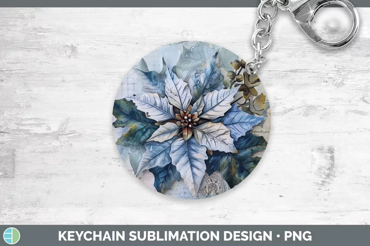 Vintage Blue Christmas Poinsettia Keychain Sublimation Keyri