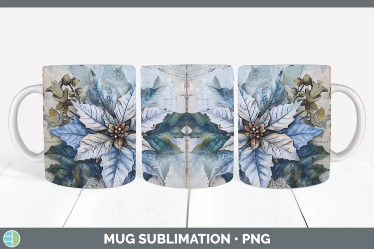 Vintage Blue Christmas Poinsettia Mug Wrap Sublimation Coffe