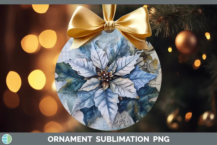 Vintage Blue Christmas Poinsettia Ornament Sublimation Baubl