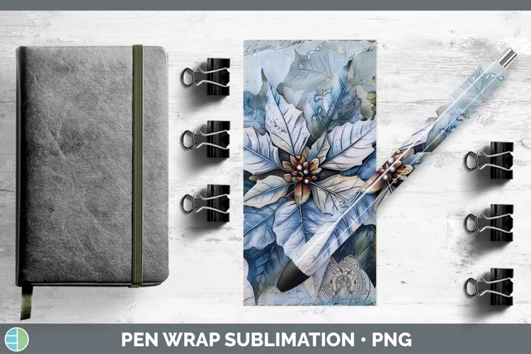 Vintage Blue Christmas Poinsettia Pen Wrap Sublimation Pen D