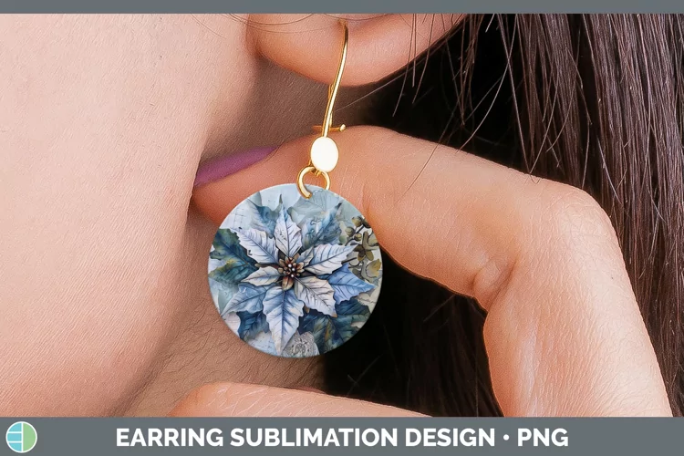 Vintage Blue Christmas Poinsettia Round Earrings Sublimation