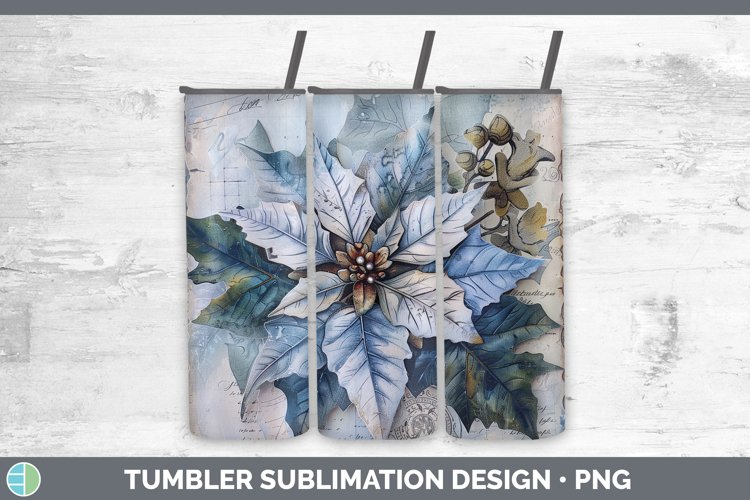 Vintage Blue Christmas Poinsettia Tumbler Sublimation 20 oz