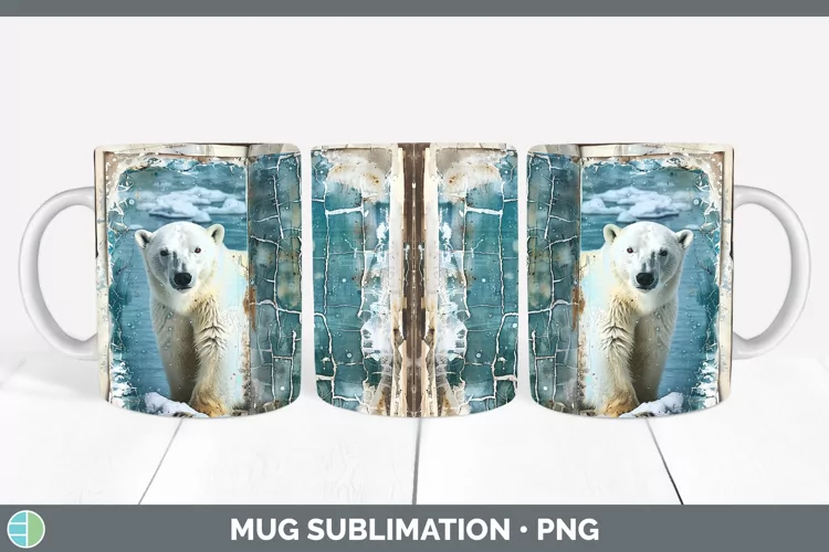 Vintage Blue Christmas Polar Bear Mug Wrap Sublimation Coffe