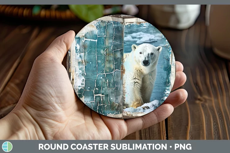 Vintage Blue Christmas Polar Bear Round Coaster Sublimation