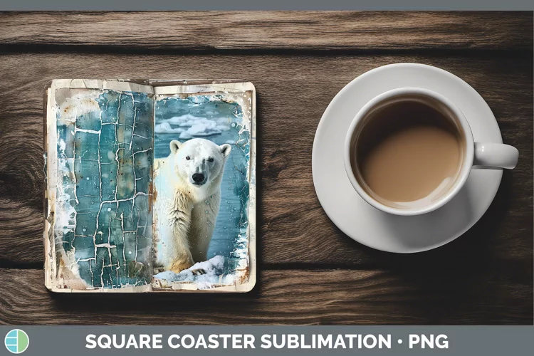 Vintage Blue Christmas Polar Bear Square Coaster Sublimation