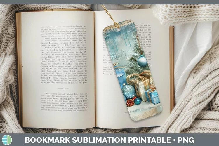 Vintage Blue Christmas Presents Bookmark Sublimation Printab