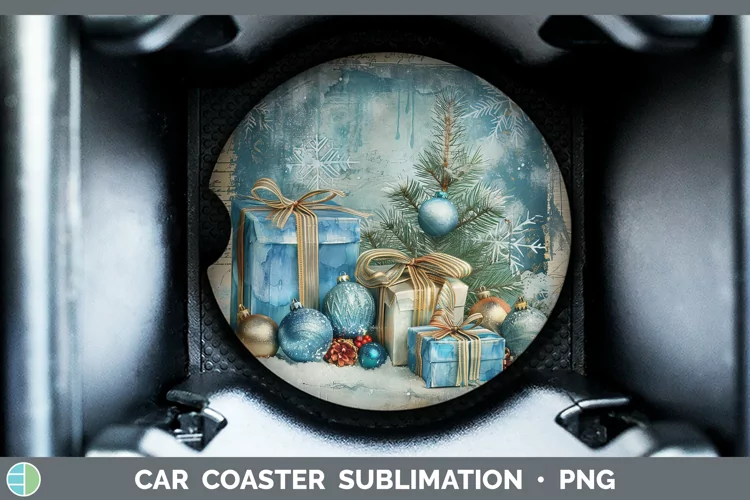Vintage Blue Christmas Presents Car Coaster Sublimation Des
