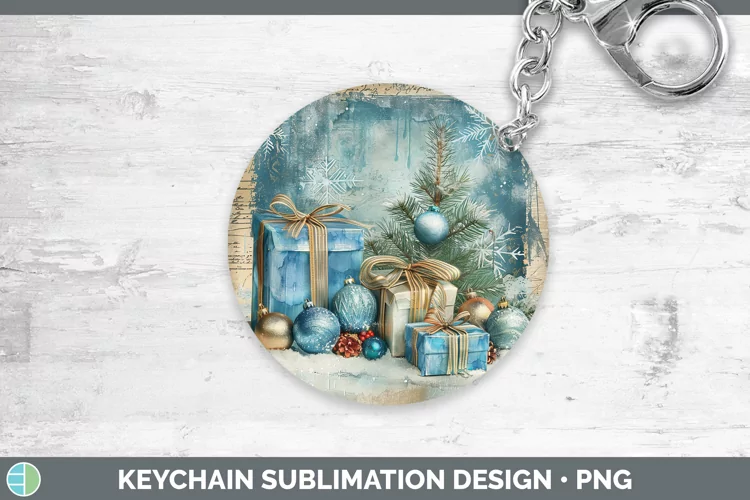 Vintage Blue Christmas Presents Keychain Sublimation Keyring