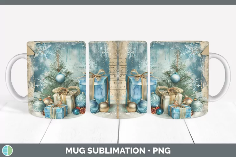 Vintage Blue Christmas Presents Mug Wrap Sublimation Coffee