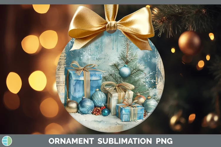 Vintage Blue Christmas Presents Ornament Sublimation Bauble