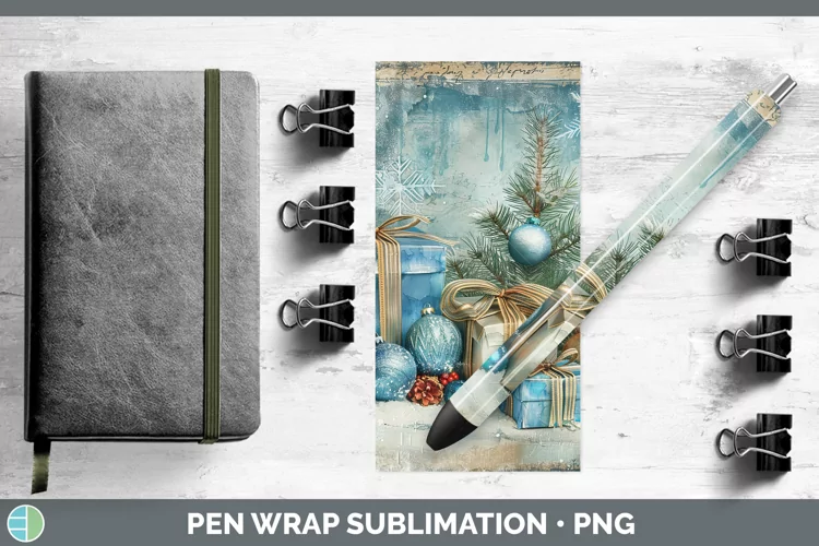 Vintage Blue Christmas Presents Pen Wrap Sublimation Pen Des