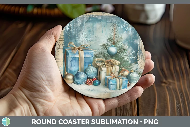 Vintage Blue Christmas Presents Round Coaster Sublimation Co