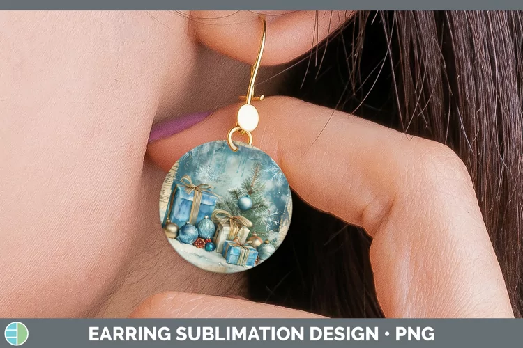 Vintage Blue Christmas Presents Round Earrings Sublimation E