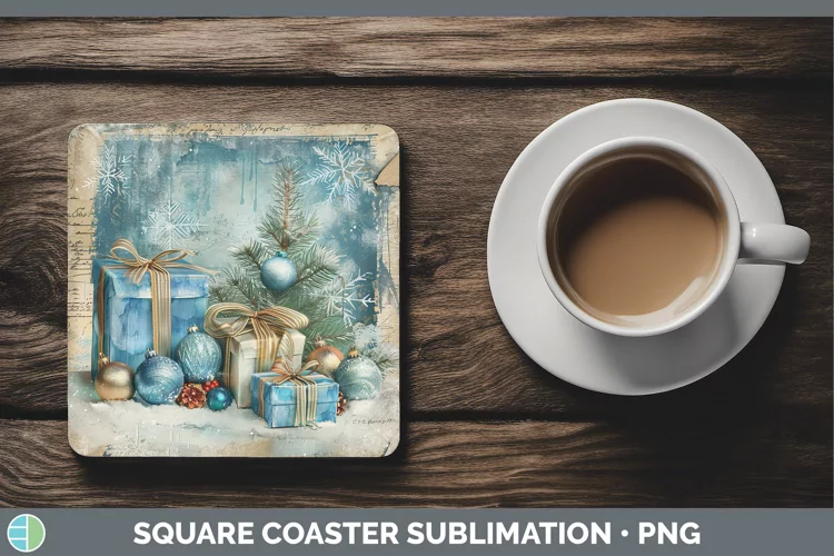 Vintage Blue Christmas Presents Square Coaster Sublimation C