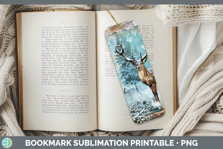 Vintage Blue Christmas Reindeer Bookmark Sublimation Printab