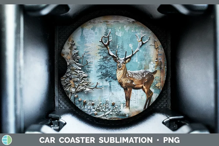 Vintage Blue Christmas Reindeer Car Coaster Sublimation Des
