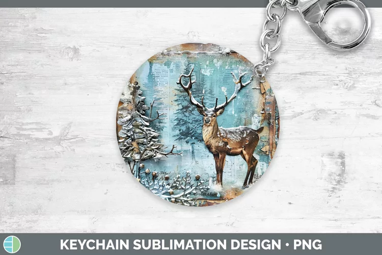 Vintage Blue Christmas Reindeer Keychain Sublimation Keyring