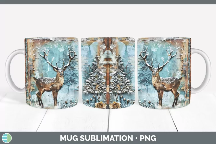 Vintage Blue Christmas Reindeer Mug Wrap Sublimation Coffee