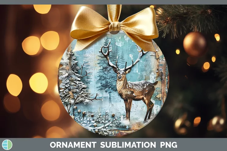 Vintage Blue Christmas Reindeer Ornament Sublimation Bauble