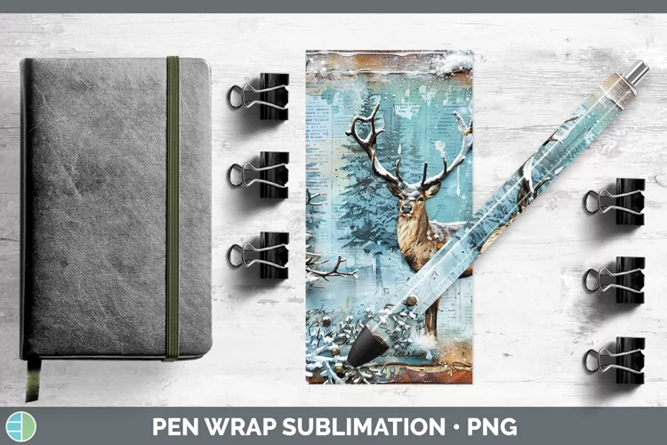 Vintage Blue Christmas Reindeer Pen Wrap Sublimation Pen Des