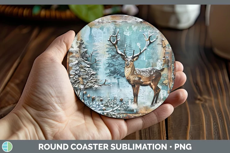 Vintage Blue Christmas Reindeer Round Coaster Sublimation Co