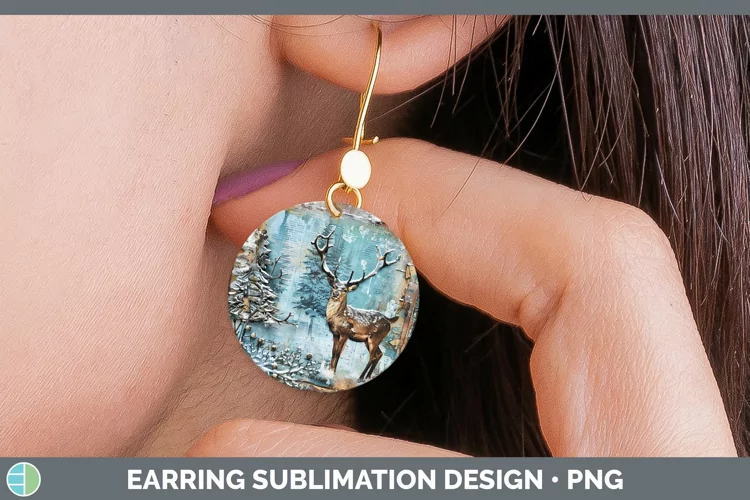 Vintage Blue Christmas Reindeer Round Earrings Sublimation E