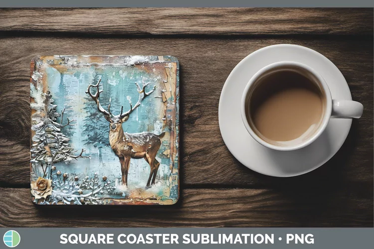 Vintage Blue Christmas Reindeer Square Coaster Sublimation C
