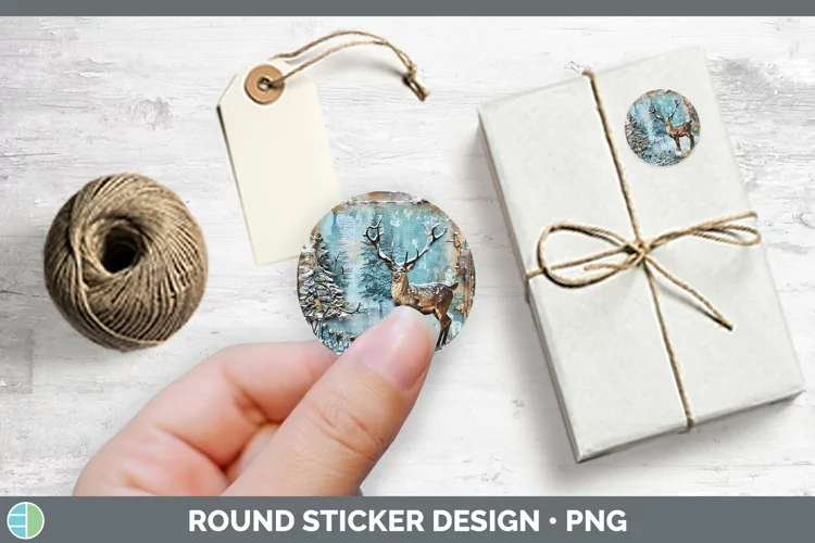 Vintage Blue Christmas Reindeer Stickers | Round Labels Desi
