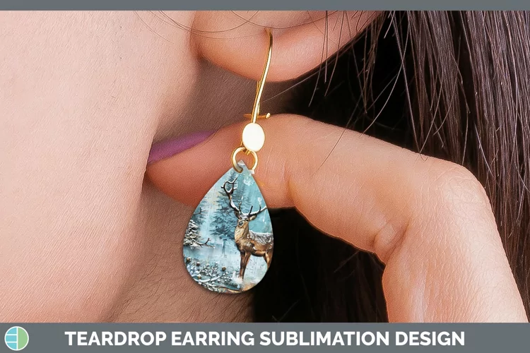 Vintage Blue Christmas Reindeer Teardrop Earrings Sublimatio