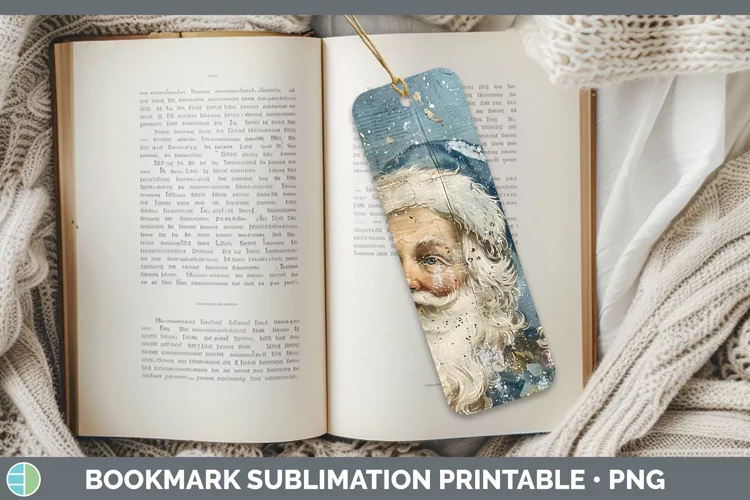 Vintage Blue Christmas Santa Bookmark Sublimation Printable