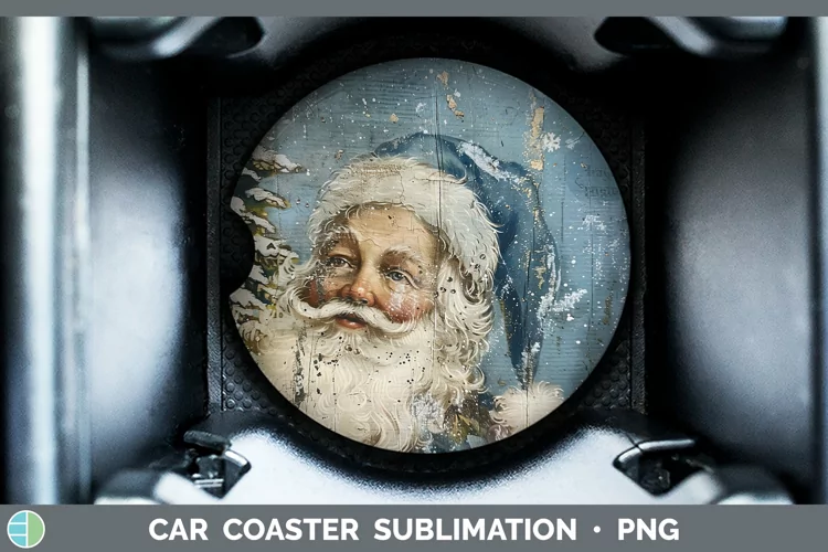 Vintage Blue Christmas Santa Car Coaster Sublimation Design
