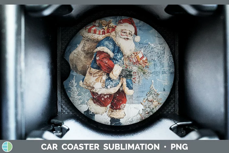 Vintage Blue Christmas Santa Gifts Car Coaster Sublimation