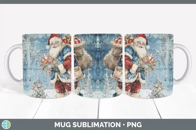 Vintage Blue Christmas Santa Gifts Mug Wrap Sublimation Coff