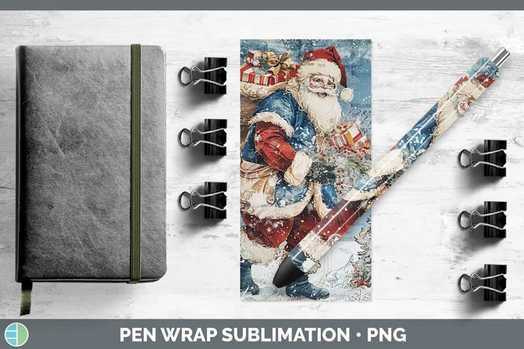 Vintage Blue Christmas Santa Gifts Pen Wrap Sublimation Pen