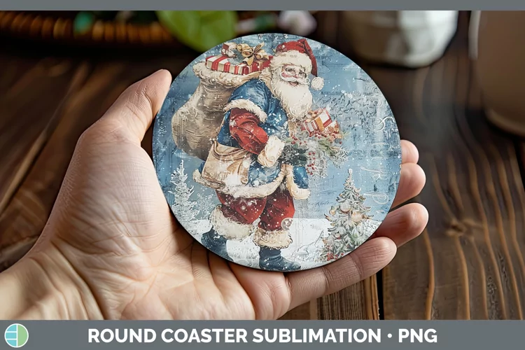 Vintage Blue Christmas Santa Gifts Round Coaster Sublimation