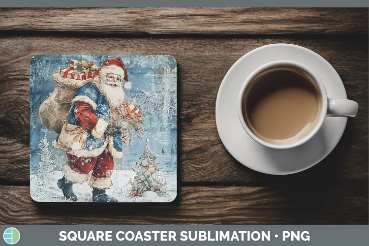 Vintage Blue Christmas Santa Gifts Square Coaster Sublimatio