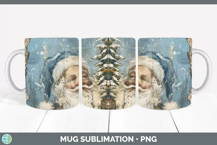 Vintage Blue Christmas Santa Mug Wrap Sublimation Coffee Cup