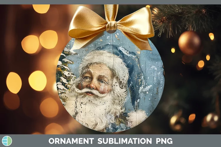 Vintage Blue Christmas Santa Ornament Sublimation Bauble Des