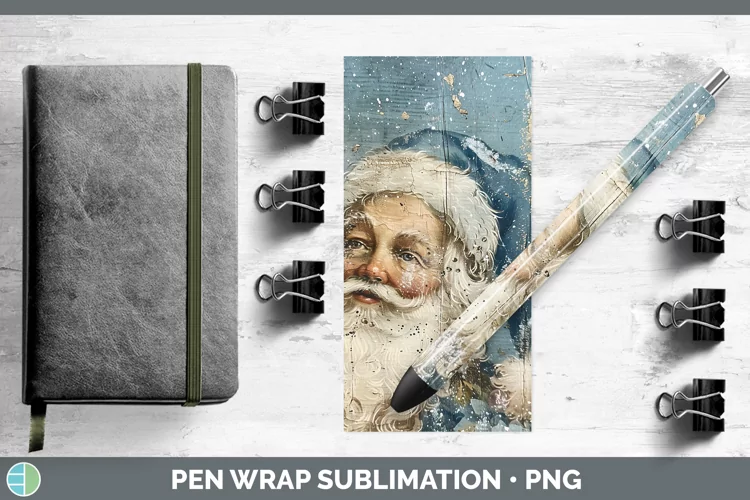 Vintage Blue Christmas Santa Pen Wrap Sublimation Pen Design