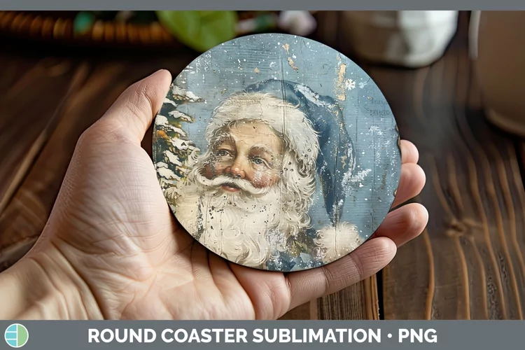 Vintage Blue Christmas Santa Round Coaster Sublimation Coast