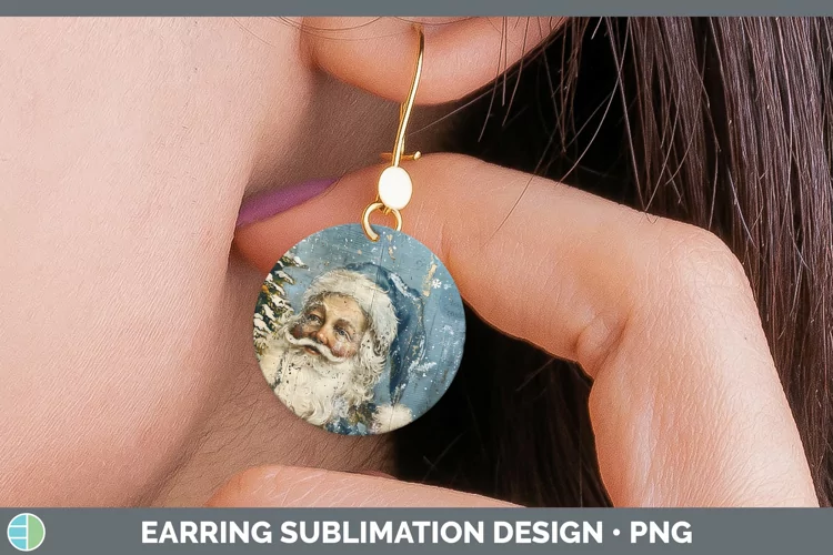 Vintage Blue Christmas Santa Round Earrings Sublimation Earr