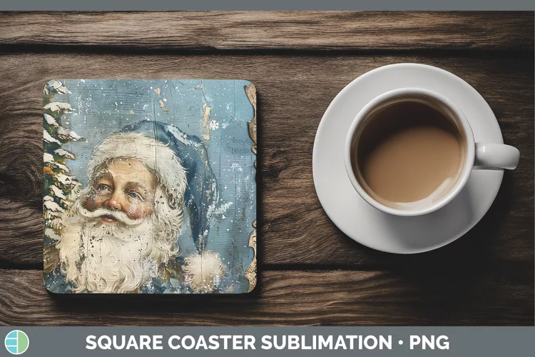 Vintage Blue Christmas Santa Square Coaster Sublimation Coas